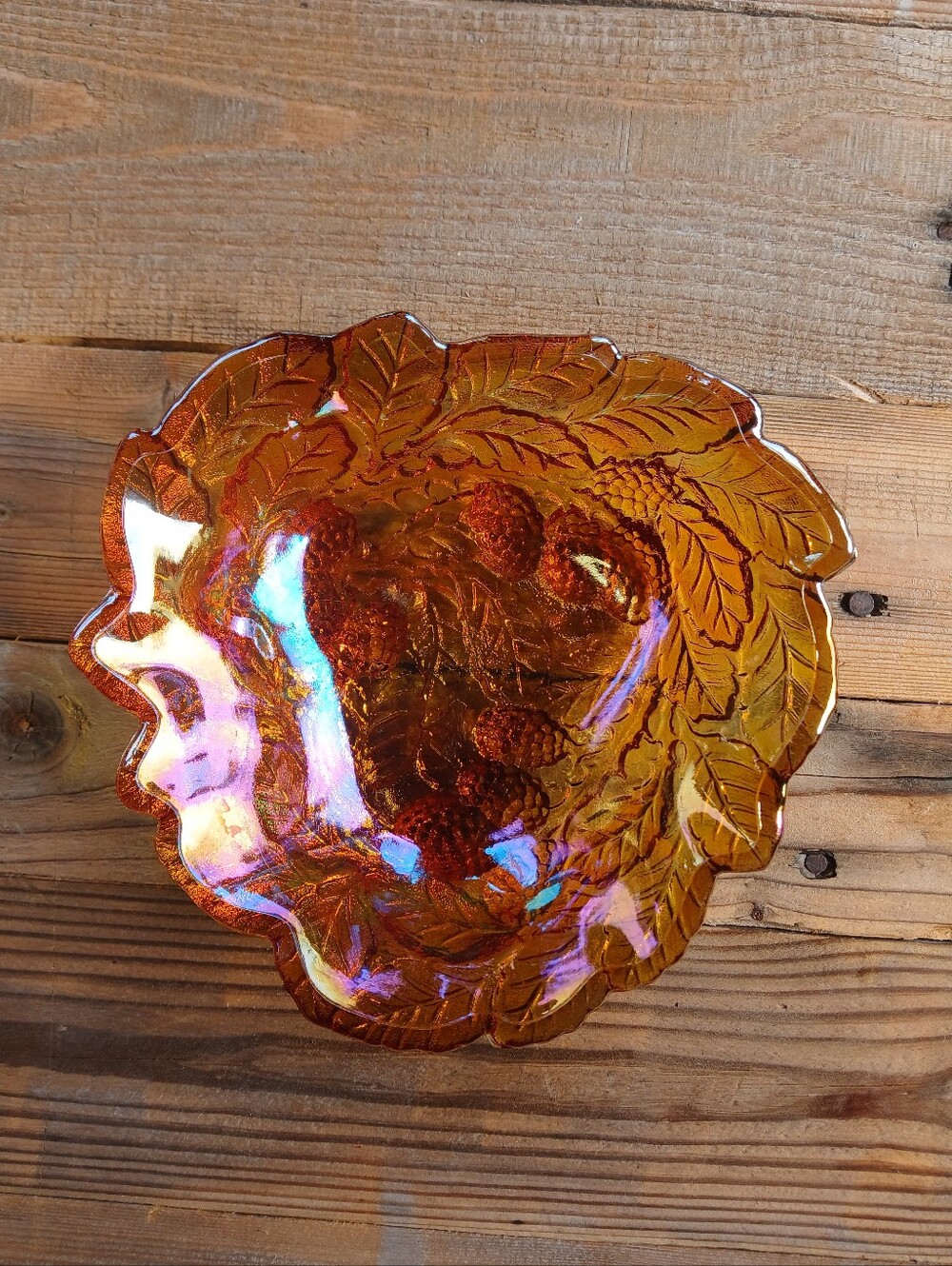 Amber Iridescent Leaf Bowl - Vintage Indiana Glass Loganberry Bowl Marigold